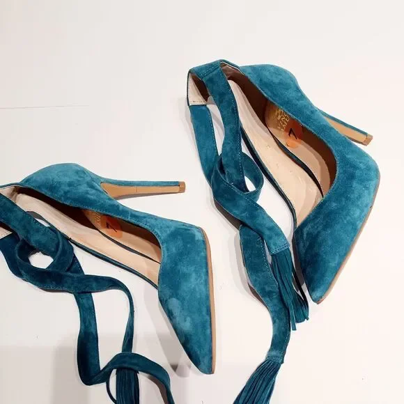 Vince Camuto Blue Suede Ankle Wrap Heels Size 7 - Picture 4 of 7
